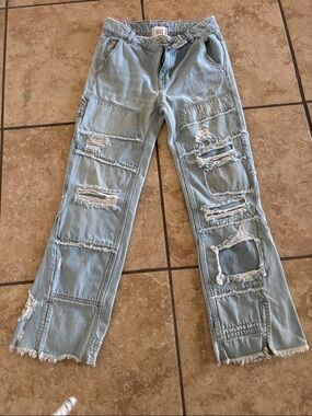 BDG Light Blue Distressed Straight-Leg Jeans with Patchwork Rips